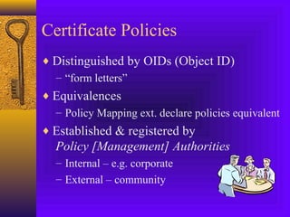 Certificate Policies
♦ Distinguished by OIDs (Object ID)
– “form letters”
♦ Equivalences
– Policy Mapping ext. declare policies equivalent
♦ Established & registered by

Policy [Management] Authorities
– Internal – e.g. corporate
– External – community

 