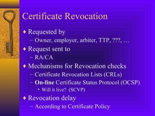 Certificate Revocation
♦ Requested by
– Owner, employer, arbiter, TTP, ???, …
♦ Request sent to
– RA/CA
♦ Mechanisms for Revocation checks
– Certificate Revocation Lists (CRLs)
– On-line Certificate Status Protocol (OCSP)
• Will it live? (SCVP)

♦ Revocation delay
– According to Certificate Policy

 