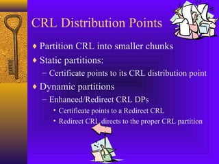CRL Distribution Points
♦ Partition CRL into smaller chunks
♦ Static partitions:
– Certificate points to its CRL distribution point
♦ Dynamic partitions
– Enhanced/Redirect CRL DPs
• Certificate points to a Redirect CRL
• Redirect CRL directs to the proper CRL partition

 
