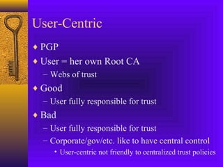 User-Centric
♦ PGP
♦ User = her own Root CA
– Webs of trust
♦ Good
– User fully responsible for trust
♦ Bad
– User fully responsible for trust
– Corporate/gov/etc. like to have central control
• User-centric not friendly to centralized trust policies

 
