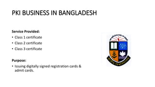 PKI BUSINESS IN BANGLADESH
Service Provided:
• Class 1 certificate
• Class 2 certificate
• Class 3 certificate
Purpose:
• Issuing digitally signed registration cards &
admit cards.
 