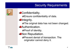 Security Requirements

Confidentiality.
  Ensure confidentiality of data.
Integrity.
  The original data has not been changed.
Authentication.
  Proof of identity.
Non Repudiation.
  Prevent denial of transaction. The
  originator cannot deny it.

                                       4
 
