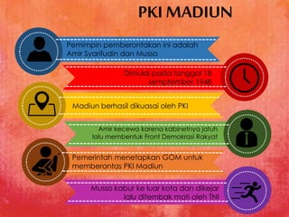 Pemimpin pemberontakan ini adalah
Amir Syarifudin dan Musso
Dimulai pada tanggal 18
semptember 1948
Madiun berhasil dikuasai oleh PKI
Musso kabur ke luar kota dan dikejar
lalu ditembak mati oleh TNI
Pemerintah menetapkan GOM untuk
memberantas PKI Madiun
Amir kecewa karena kabinetnya jatuh
lalu membentuk Front Demokrasi Rakyat
PKI MADIUN
 