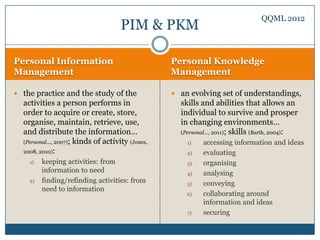 QQML 2012
                                      PIM & PKM

Personal Information                               Personal Knowledge
Management                                         Management

 the practice and the study of the                 an evolving set of understandings,
  activities a person performs in                    skills and abilities that allows an
  order to acquire or create, store,                 individual to survive and prosper
  organise, maintain, retrieve, use,                 in changing environments…
  and distribute the information…                    (Personal..., 2011); skills (Barth, 2004):
  (Personal..., 2007); kinds of activity (Jones,       1)    accessing information and ideas
  2008, 2010):                                         2)    evaluating
    1)   keeping activities: from                      3)    organising
         information to need                           4)    analysing
    2)   finding/refinding activities: from            5)    conveying
         need to information
                                                       6)    collaborating around
                                                             information and ideas
                                                       7)    securing
 