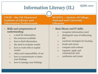 QQML 2012
                   Information Literacy (IL)

CILIP – the UK Chartered                    SCONUL – Society of College,
Institute of Library and                    National and University
Information Professionals                   Libraries

 Skills and competencies of                 Basic library and IT skills:
  understanding:                                1)   recognise information need
    1)   a need for information                 2)   distinguish ways of addressing
    2)   the resources available                     gap
    3)   how to find information                3)   construct strategies for locating
    4)   the need to evaluate results           4)   locate and access
    5)   how to work with or exploit            5)   compare and evaluate
         results                                6)   organise, apply and
    6)   ethics and responsibility of use            communicate and
    7)   how to communicate or share            7)   synthesise and create
         your findings
    8)   how to manage your findings
 