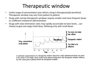 Therapeutic window
• Useful range of concentration over which a drug is therapeutically beneficial.
Therapeutic window may vary from patient to patient
• Drugs with narrow therapeutic windows require smaller and more frequent doses
or a different method of administration
• Drugs with slow elimination rates may rapidly accumulate to toxic levels….can
choose to give one large initial dose, following only with small doses
 