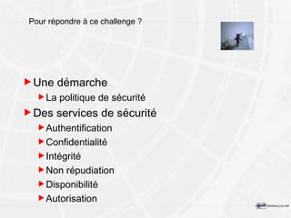 Pour répondre à ce challenge ? Une démarche La politique de sécurité Des services de sécurité Authentification Confidentialité Intégrité Non répudiation Disponibilité Autorisation 