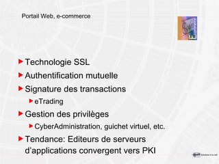 Portail Web, e-commerce Technologie SSL Authentification mutuelle Signature des transactions eTrading Gestion des privilèges CyberAdministration , guichet virtuel, etc. Tendance:  Editeurs de s erveurs  d’a pplicat ions convergent vers PKI 