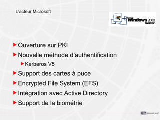 L ’acteur  Microsoft Ouverture sur PKI Nouvelle méthode d’authentification Kerberos V5 Support des cartes à puce Encrypted File System (EFS) Intégration avec Active Directory Support de la biométrie 