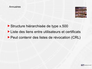 Annuaires Structure hiérarchisée de type x.500 Liste des liens entre utilisateurs et certificats Peut contenir des listes de révocation (CRL) 