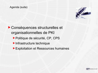 Agenda (suite) Conséquences structurelles et organisationnelles de PKI Politique de sécurité, CP, CPS Infrastructure technique Exploitation et Ressources humaines 