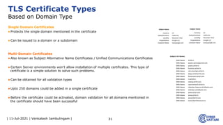 | 11-Jul-2021 | Venkatesh Jambulingam |
Single Domain Certificates
▶Protects the single domain mentioned in the certificate
▶Can be issued to a domain or a subdomain
Multi-Domain Certificates
▶Also known as Subject Alternative Name Certificates / Unified Communications Certificates
▶Certain Server environments won’t allow installation of multiple certificates. This type of
certificate is a simple solution to solve such problems.
▶Can be obtained for all validation types
▶Upto 250 domains could be added in a single certificate
▶Before the certificate could be activated, domain validation for all domains mentioned in
the certificate should have been successful
31
TLS Certificate Types
Based on Domain Type
 
