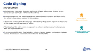 | 11-Jul-2021 | Venkatesh Jambulingam |
▶Code signing is the process of digitally signing the software (executables, binaries, scripts,
source code) to identify the publisher of the software
▶Code signing assures that the software has not been modified or tampered with after signing
the software. Hash Values are used for this purpose.
▶The security of this system of identifying & authenticating the publisher depends on the security
of the private keys that was used for signing
▶The integrity of this entire system is dependent on software publishers securing their private
keys with high confidentiality
▶It is recommended to store the private keys in secure, tamper resistant cryptographic hardware
devices. These devices are called Hardware Security Module(HSM)
34
Code Signing
Introduction
Standard Code
Signing Certificates
Extended Validated Code
Signing Certificates
 