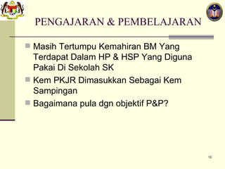 PENGAJARAN & PEMBELAJARAN Masih Tertumpu Kemahiran BM Yang Terdapat Dalam HP & HSP Yang Diguna Pakai Di Sekolah SK Kem PKJR Dimasukkan Sebagai Kem Sampingan Bagaimana pula dgn objektif P&P? 