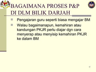 BAGAIMANA PROSES P&P DI DLM BILIK DARJAH  Pengajaran guru seperti biasa mengajar BM Walau bagaimanapun, kemahiran atau kandungan PKJR perlu diajar dgn cara menyerap atau menyisip kemahiran PKJR ke dalam BM 