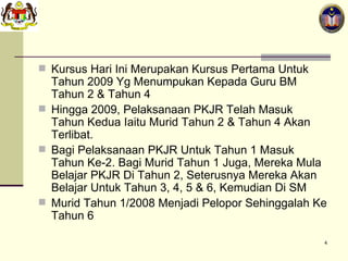 Kursus Hari Ini Merupakan Kursus Pertama Untuk Tahun 2009 Yg Menumpukan Kepada Guru BM Tahun 2 & Tahun 4 Hingga 2009, Pelaksanaan PKJR Telah Masuk Tahun Kedua Iaitu Murid Tahun 2 & Tahun 4 Akan Terlibat. Bagi Pelaksanaan PKJR Untuk Tahun 1 Masuk Tahun Ke-2. Bagi Murid Tahun 1 Juga, Mereka Mula Belajar PKJR Di Tahun 2, Seterusnya Mereka Akan Belajar Untuk Tahun 3, 4, 5 & 6, Kemudian Di SM Murid Tahun 1/2008 Menjadi Pelopor Sehinggalah Ke Tahun 6 