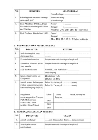 NO. DOKUMEN KELENGKAPAN
Nama lembaga : ...............................
6. Rekening bank atas nama lembaga
yang masih aktif
Nomor rekening : .............
Nama lembaga : ...........................
7. Hasil Akreditasi BAN PAUD dan
PNF untuk Satuan/Program Kursus
dan Pelatihan
Nomor : .............
Tanggal : ...........................
Akreditasi  A;  B;  C;  Terakreditasi
8. Hasil Penilaian Kinerja (bagi LKP) Nomor : .............
Tanggal : ...........................
 A;  B;  C;  D;  Belum berkinerja
C. KONDISI LEMBAGA PENYELENGGARA
NO. INDIKATOR KONDISI
1. Jenis keterampilan yang
diselenggarakan
…………………………………………………………
………
2. Ketersediaan Instruktur Lampirkan sesuai format pada lampiran 3.
3. Sarana dan Prasarana pokok
yang tersedia
Lampirkan sesuai format pada lampiran 4.
4. SKL dan Kurikulum Nama SKL dan Kurikulum : .......................
Level/Jenjang : ......................
5. Ketersediaan Tempat Uji
Kompetensi
 sudah ada TUK
 belum ada TUK
6. Jumlah peserta didik reguler
2 tahun terakhir (sesuai jenis
keterampilan yang diajukan)
Tahun 2016 sebanyak ………….. orang
Tahun 2017 sebanyak ………….. orang
7. Pengalaman
menyelenggarakan Program
PKK/PKH dan/atau
PKW/PKM 3 tahun
terakhir/ Diklat Vokasi
Tahun Nama
Program
Jenis Keterampilan
2017
2016
2015
D. RENCANA PELAKSANAAN PROGRAM
NO. INDIKATOR URAIAN
1. Jumlah jam belajar ……jam, dilaksanakan dalam …. kali pertemuan
2. Jadwal pelaksanaan
pembelajaran
Lampirkan sesuai format pada lampiran 5
 
