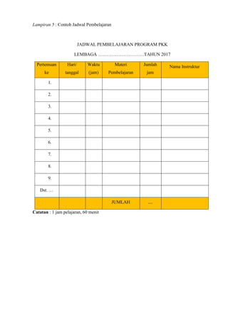 Lampiran 5 : Contoh Jadwal Pembelajaran
JADWAL PEMBELAJARAN PROGRAM PKK
LEMBAGA …………………………TAHUN 2017
Pertemuan
ke
Hari/
tanggal
Waktu
(jam)
Materi
Pembelajaran
Jumlah
jam
Nama Instruktur
1.
2.
3.
4.
5.
6.
7.
8.
9.
Dst. …
JUMLAH ....
Catatan : 1 jam pelajaran, 60 menit
 