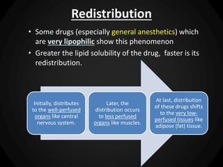 Initially, distributes
to the well-perfused
organs like central
nervous system.
Later, the
distribution occurs
to less perfused
organs like muscles.
At last, distribution
of these drugs shifts
to the very low-
perfused tissues like
adipose (fat) tissue.
Redistribution
• Some drugs (especially general anesthetics) which
are very lipophilic show this phenomenon
• Greater the lipid solubility of the drug, faster is its
redistribution.
 