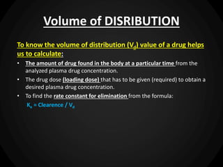 Volume of DISRIBUTION
To know the volume of distribution (Vd) value of a drug helps
us to calculate:
• The amount of drug found in the body at a particular time from the
analyzed plasma drug concentration.
• The drug dose (loading dose) that has to be given (required) to obtain a
desired plasma drug concentration.
• To find the rate constant for elimination from the formula:
Ke = Clearence / Vd
 
