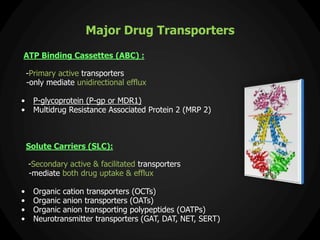 Major Drug Transporters
ATP Binding Cassettes (ABC) :
-Primary active transporters
-only mediate unidirectional efflux
• P-glycoprotein (P-gp or MDR1)
• Multidrug Resistance Associated Protein 2 (MRP 2)
Solute Carriers (SLC):
-Secondary active & facilitated transporters
-mediate both drug uptake & efflux
• Organic cation transporters (OCTs)
• Organic anion transporters (OATs)
• Organic anion transporting polypeptides (OATPs)
• Neurotransmitter transporters (GAT, DAT, NET, SERT)
 
