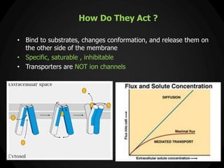 How Do They Act ?
• Bind to substrates, changes conformation, and release them on
the other side of the membrane
• Specific, saturable , inhibitable
• Transporters are NOT ion channels
 