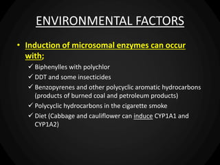 ENVIRONMENTAL FACTORS
• Induction of microsomal enzymes can occur
with;
 Biphenylles with polychlor
 DDT and some insecticides
 Benzopyrenes and other polycyclic aromatic hydrocarbons
(products of burned coal and petroleum products)
 Polycyclic hydrocarbons in the cigarette smoke
 Diet (Cabbage and cauliflower can induce CYP1A1 and
CYP1A2)
 