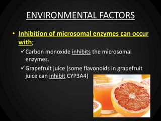 ENVIRONMENTAL FACTORS
• Inhibition of microsomal enzymes can occur
with;
Carbon monoxide inhibits the microsomal
enzymes.
Grapefruit juice (some flavonoids in grapefruit
juice can inhibit CYP3A4)
 