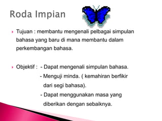    Tujuan : membantu mengenali pelbagai simpulan
    bahasa yang baru di mana membantu dalam
    perkembangan bahasa.


   Objektif : - Dapat mengenali simpulan bahasa.
             - Menguji minda. ( kemahiran berfikir
              dari segi bahasa).
             - Dapat menggunakan masa yang
              diberikan dengan sebaiknya.
 