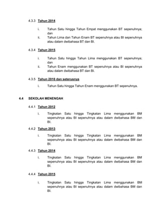 4.3.3 Tahun 2014
i. Tahun Satu hingga Tahun Empat menggunakan BT sepenuhnya;
dan
ii. Tahun Lima dan Tahun Enam BT sepenuhnya atau BI sepenuhnya
atau dalam dwibahasa BT dan BI.
4.3.4 Tahun 2015
i. Tahun Satu hingga Tahun Lima menggunakan BT sepenuhnya;
dan
ii. Tahun Enam menggunakan BT sepenuhnya atau BI sepenuhnya
atau dalam dwibahasa BT dan BI.
4.3.5 Tahun 2016 dan seterusnya
i. Tahun Satu hingga Tahun Enam menggunakan BT sepenuhnya.
4.4 SEKOLAH MENENGAH
4.4.1 Tahun 2012
i. Tingkatan Satu hingga Tingkatan Lima menggunakan BM
sepenuhnya atau BI sepenuhnya atau dalam dwibahasa BM dan
BI.
4.4.2 Tahun 2013
i. Tingkatan Satu hingga Tingkatan Lima menggunakan BM
sepenuhnya atau BI sepenuhnya atau dalam dwibahasa BM dan
BI.
4.4.3 Tahun 2014
i. Tingkatan Satu hingga Tingkatan Lima menggunakan BM
sepenuhnya atau BI sepenuhnya atau dalam dwibahasa BM dan
BI.
4.4.4 Tahun 2015
i. Tingkatan Satu hingga Tingkatan Lima menggunakan BM
sepenuhnya atau BI sepenuhnya atau dalam dwibahasa BM dan
BI.
 