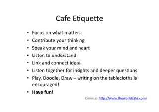 Cafe	
  ENqueBe	
  
•  Focus	
  on	
  what	
  maBers	
  
•  Contribute	
  your	
  thinking	
  
•  Speak	
  your	
  mind	
  and	
  heart	
  
•  Listen	
  to	
  understand	
  
•  Link	
  and	
  connect	
  ideas	
  
•  Listen	
  together	
  for	
  insights	
  and	
  deeper	
  quesNons	
  
•  Play,	
  Doodle,	
  Draw	
  –	
  wriNng	
  on	
  the	
  tablecloths	
  is	
  
   encouraged!	
  
•  Have	
  fun!	
  
                                         (Source:	
  hBp://www.theworldcafe.com)	
  
 