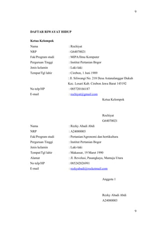 9
DAFTAR RIWAYAT HIDUP
Ketua Kelompok
Nama : Rochiyat
NRP : G64070021
Fak/Program studi : MIPA/Ilmu Komputer
Perguruan Tinggi : Institut Pertanian Bogor
Jenis kelamin : Laki-laki
Tempat/Tgl lahir : Cirebon, 1 Juni 1989
: Jl. Siliwangi No. 218 Desa Astanalanggar Dukuh
Kec. Losari Kab. Cirebon Jawa Barat 145192
No telp/HP : 085720166187
E-mail : rochiyat@gmail.com
Ketua Kelompok
Rochiyat
G64070021
Nama : Rezky Abadi Abdi
NRP : A24080003
Fak/Program studi : Pertanian/Agronomi dan hortikultura
Perguruan Tinggi : Institut Pertanian Bogor
Jenis kelamin : Laki-laki
Tempat/Tgl lahir : Makassar, 19 Maret 1990
Alamat : Jl. Revolusi, Pasangkayu, Mamuju Utara
No telp/HP : 085242826991
E-mail : rezkyabadi@rocketmail.com
Anggota 1
Rezky Abadi Abdi
A24080003
9
 