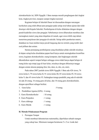 ekstrakurikuler ini, SDN Ngaglik 1 Batu mampu meraih penghargaan dari tingkat
kota, tingkat provinsi, maupun sampai tingkat nasional.
Kegiatan belajar di Sekolah Dasar ini disesuaikan dengan rancangan
kurikulum yang telah dibuat para pengajar pada setiap awal tahun ajaran dan telah
disetujui oleh Kepala Sekolah. Pembelajaran di kelas dilakukan dengan dengan
penuh keaktifan siswa dan pengajar. Sebelumnya siswa diharuskan membaca dan
merangkum materi yang akan diajarkan di rumah, agar siswa lebih siap dalam
menerima penjelasan dari pengajar di sekolah. Setiap akhir pemberian materi,
diadakan tes lisan melalui tanya jawab langsung dan tes tertulis yang terdiri dari
soal pilihan dan uraian.
Sarana penunjang pembelajaran yang disediakan pihak sekolah misalnya
di depan setiap kelas disediakan papan hasil karya untuk meningkatkan kreatifitas
siswa, kegiatan ekstrakurikuler, ruang komputer, dan lingkungan sekolah
dikondisikan seperti tempat belajar sehingga siswa tidak hanya dapat belajar di
ruang kelas saja tetapi juga di luar kelas, misalnya dengan dihiasinya tangga
dengan urutan ukuran panjang (km, hm, dam, m, dm, cm, mm).
Pada tahun 2007 jumlah siswa SDN Ngaglik 1 Batu ada 428 siswa, 74
siswa kelas I, 79 siswa kelas II, 91 siswa kelas III, 85 siswa kelas IV, 54 siswa
kelas V, dan 45 siswa kelas VI. Sedangkan tenaga pendidik yang ada di sekolah
ini ada 26 orang, 16 orang guru di kelas, dan 10 orang guru ekstrakurikuler,
dengan spesifikasi sebagai berikut.
1. Guru kelas : 9 orang
2. Pendidikan Agama (GPA) : 4 orang
3. Guru Ekstrakurikuler : 10 orang
4. Guru Penjaskes : 1 orang
5. Guru olahraga : 1 orang
6. Guru Mulok : 1 orang
H. Metode Pelaksanaan Program
1. Persiapan Tempat
Untuk membuat laboratorium matematika, diperlukan sebuah ruangan
yang cukup luas. Minimum ruangan berukuran 5 x 5 m. Letak dari
 