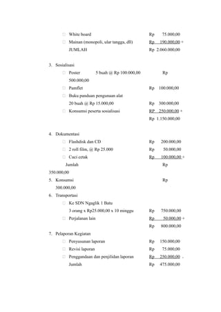  White board Rp 75.000,00
 Mainan (monopoli, ular tangga, dll) Rp 190.000,00 +
JUMLAH Rp 2.060.000,00
3. Sosialisasi
 Poster 5 buah @ Rp 100.000,00 Rp
500.000,00
 Pamflet Rp 100.000,00
 Buku panduan pengunaan alat
20 buah @ Rp 15.000,00 Rp 300.000,00
 Konsumsi peserta sosialisasi RP 250.000,00 +
Rp 1.150.000,00
4. Dokumentasi
 Flashdisk dan CD Rp 200.000,00
 2 roll film, @ Rp 25.000 Rp 50.000,00
 Cuci cetak Rp 100.000,00 +
Jumlah Rp
350.000,00
5. Konsumsi Rp
300.000,00
6. Transportasi
 Ke SDN Ngaglik 1 Batu
3 orang x Rp25.000,00 x 10 minggu Rp 750.000,00
 Perjalanan lain Rp 50.000,00 +
Rp 800.000,00
7. Pelaporan Kegiatan
 Penyusunan laporan Rp 150.000,00
 Revisi laporan Rp 75.000,00
 Penggandaan dan penjilidan laporan Rp 250.000,00 +
Jumlah Rp 475.000,00
 