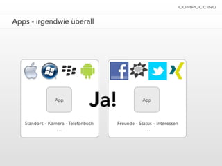 Apps - irgendwie überall




                App
                                Ja!               App



   Standort - Kamera - Telefonbuch    Freunde - Status - Interessen
                 …                                 …
 