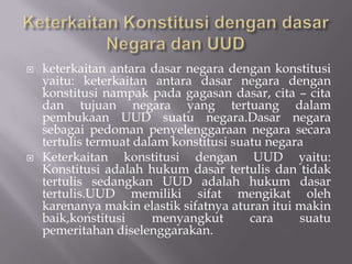 ?   keterkaitan antara dasar negara dengan konstitusi
    yaitu: keterkaitan antara dasar negara dengan
    konstitusi nampak pada gagasan dasar, cita C cita
    dan tujuan negara yang tertuang dalam
    pembukaan UUD suatu negara.Dasar negara
    sebagai pedoman penyelenggaraan negara secara
    tertulis termuat dalam konstitusi suatu negara
?   Keterkaitan konstitusi dengan UUD yaitu:
    Konstitusi adalah hukum dasar tertulis dan tidak
    tertulis sedangkan UUD adalah hukum dasar
    tertulis.UUD memiliki sifat mengikat oleh
    karenanya makin elastik sifatnya aturan itui makin
    baik,konstitusi     menyangkut       cara    suatu
    pemeritahan diselenggarakan.
 