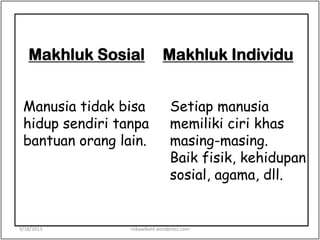 Makhluk Sosial
Manusia tidak bisa
hidup sendiri tanpa
bantuan orang lain.
Makhluk Individu
Setiap manusia
memiliki ciri khas
masing-masing.
Baik fisik, kehidupan
sosial, agama, dll.
9/18/2013 riskawikant.wordpress.com
 