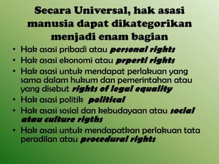 Secara Universal, hak asasi
manusia dapat dikategorikan
menjadi enam bagian
• Hak asasi pribadi atau personal rights
• Hak asasi ekonomi atau prperti rights
• Hak asasi untuk mendapat perlakuan yang
sama dalam hukum dan pemerintahan atau
yang disebut rights of legal equality
• Hak asasi politik political
• Hak asasi sosial dan kebudayaan atau social

atau culture rigths

• Hak asasi untuk mendapatkan perlakuan tata
peradilan atau procedural rights

 