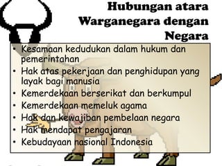 Hubungan atara
Warganegara dengan
Negara

• Kesamaan kedudukan dalam hukum dan
pemerintahan
• Hak atas pekerjaan dan penghidupan yang
layak bagi manusia
• Kemerdekaan berserikat dan berkumpul
• Kemerdekaan memeluk agama
• Hak dan kewajiban pembelaan negara
• Hak mendapat pengajaran
• Kebudayaan nasional Indonesia

 