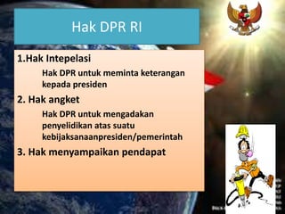 Hak DPR RI
1.Hak Intepelasi
Hak DPR untuk meminta keterangan
kepada presiden
2. Hak angket
Hak DPR untuk mengadakan
penyelidikan atas suatu
kebijaksanaanpresiden/pemerintah
3. Hak menyampaikan pendapat
 
