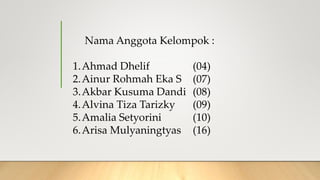 Nama Anggota Kelompok :
1.Ahmad Dhelif (04)
2.Ainur Rohmah Eka S (07)
3.Akbar Kusuma Dandi (08)
4.Alvina Tiza Tarizky (09)
5.Amalia Setyorini (10)
6.Arisa Mulyaningtyas (16)
 