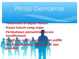 ∗ Persamaan di depan hukum
∗ Proses hukum yang wajar
∗ Pembatasan pemerintah secara
konstitusional
∗ Pluralisme sosial, ekonomi, dan politik;
∗ Nilai-nilai toleransi, kerja sama, dan
mufakat.
Prinsip Demokrasi
 