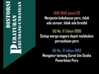 UUD 1945 pasal 28
Menjamin kebebasan pers, tidak
ada sensor, tidak ada breidel
UU No. 11 Tahun 1996
Setiap warga negara dapat melakukan
perusahaan pers
UU No. 21 tahun 1992
Mengatur tentang Surat Izin Usaha
Penerbitan Pers
Distorsi
PERATURAN
ERUNDANG-UNDANGAN
 