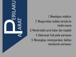 1. Menelepon redaktur
2. Mengirimkan redaksi tertulis ke
media massa
3. Membreidel surat kabar dan majalah
4. Kekerasan fisik pada wartawan
5. Menangkap, memenjarakan, bahkan
membunuh wartawan.
ERILAKU
AARAT
 