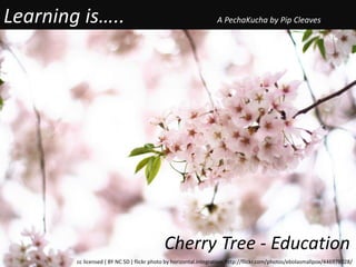 Learning is…..                                                    A PechaKucha by Pip Cleaves




                                            Cherry Tree - Education
        cc licensed ( BY NC SD ) flickr photo by horizontal.integration: http://flickr.com/photos/ebolasmallpox/446978028/
 