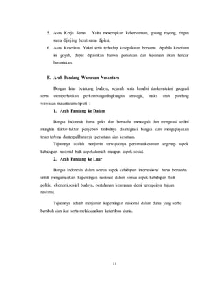 13
5. Asas Kerja Sama. Yaitu menerapkan kebersamaan, gotong royong, ringan
sama dijinjing berat sama dipikul.
6. Asas Kesetiaan. Yakni setia terhadap kesepakatan bersama. Apabila kesetiaan
ini goyah, dapat dipastikan bahwa persatuan dan kesatuan akan hancur
berantakan.
F. Arah Pandang Wawasan Nusantara
Dengan latar belakang budaya, sejarah serta kondisi dankonstelasi geografi
serta memperhatikan perkembanganlingkungan strategis, maka arah pandang
wawasan nusantarameliputi :
1. Arah Pandang ke Dalam
Bangsa Indonesia harus peka dan berusaha mencegah dan mengatasi sedini
mungkin faktor-faktor penyebab timbulnya disintegrasi bangsa dan mengupayakan
tetap terbina danterpeliharanya persatuan dan kesatuan.
Tujuannya adalah menjamin terwujudnya persatuankesatuan segenap aspek
kehidupan nasional baik aspekalamiah maupun aspek sosial.
2. Arah Pandang ke Luar
Bangsa Indonesia dalam semua aspek kehidupan internasional harus berusaha
untuk mengamankan kepentingan nasional dalam semua aspek kehidupan baik
politik, ekonomi,sosial budaya, pertahanan keamanan demi tercapainya tujuan
nasional.
Tujuannya adalah menjamin kepentingan nasional dalam dunia yang serba
berubah dan ikut serta melaksanakan ketertiban dunia.
 