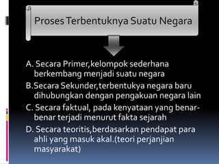 A. Secara Primer,kelompok sederhana
berkembang menjadi suatu negara
B.Secara Sekunder,terbentukya negara baru
dihubungkan dengan pengakuan negara lain
C. Secara faktual, pada kenyataan yang benar-
benar terjadi menurut fakta sejarah
D. Secara teoritis,berdasarkan pendapat para
ahli yang masuk akal.(teori perjanjian
masyarakat)
ProsesTerbentuknya Suatu Negara