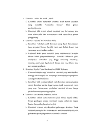 1. Konstitusi Tertulis dan Tidak Tertulis
a. Konstitusi tertulis merupakan konstitusi dalam bentuk dokumen
yang

memiliki

“kesakralan

khusus”

dalam

proses

pembentukannya.
b. Konstitusi tidak tertulis adalah konstitusi yang berkembang atas
dasar adat-istiadat dan perumusannya tidak memerlukan proses
yang panjang.
2. Konstitusi Fleksibel dan Konstitusi Kaku
a. Konstitusi Fleksibel adalah konstitusi yang dapat diamandemen
tanpa prosedur khusus. Bersifat elastis dan diubah dengan cara
yang sama seperti undang-undang.
b. Konstitusi Kaku yaitu konstitusi yang membutuhkan prosedur
khusus dalam pengamandemennya. Memiliki kekhususan yaitu
mempunyai

kedudukan

yang

tinggi

dibanding

perundang-

undangan dan hanya dapat diubah dengan cara yang khusus atau
persyaratan yang berat.
3. Konstitusi Derajat-Tinggi dan Konstitusi Tidak Sederajat
a. Konstitusi derajat-tinggi merupakan konstitusi yang berkedudukan
tertinggi dalam negara dan mempunyai beberapa syarat yang berat
dalam perubahan konstitusi.
b. Konstitusi tidak sederajat adalah suatu konstitusi yang derajatnya
seperti konstitusi derajat tinggi namun tidak mempunyai syarat
yang berat. Dalam proses perubahan konstitusi ini sama halnya
perubahan undang-undang yang lain.
4. Konstitusi Serikat dan Konstitusi Kesatuan
a. Konstitusi serikat adalah konstitusi pada bentuk negara serikat.
Sistem pembagian antara pemerintah negara serikat dan negara
bagian diatur dalam konstitusi serikat.
b. Konstitusi kesatuan yaitu konstitusi pada negara kesatuan. Tidak
dijumpai pembagian kekuasaan karena pemerintahan terpusat pada
pemerintah pusat yang termuat dikonstitusi kesatuan.

11

 