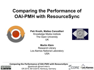 Comparing the Performance of OAI-PMH with ResourceSync
@petrknoth @mart1nkle1n
OR 2019, 06/12/2019, Hamburg, Germany
Comparing the Performance of
OAI-PMH with ResourceSync
Petr Knoth, Matteo Cancellieri
Knowledge Media institute
The Open University
UK
Martin Klein
Research Library
Los Alamos National Laboratory
USA
 