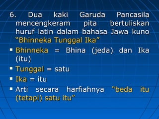 66.. DDuuaa kkaakkii GGaarruuddaa PPaannccaassiillaa 
mmeenncceennggkkeerraamm ppiittaa bbeerrttuulliisskkaann 
hhuurruuff llaattiinn ddaallaamm bbaahhaassaa JJaawwaa kkuunnoo 
““BBhhiinnnneekkaa TTuunnggggaall IIkkaa”” 
 BBhhiinnnneekkaa == BBhhiinnaa ((jjeeddaa)) ddaann IIkkaa 
((iittuu)) 
 TTuunnggggaall == ssaattuu 
 IIkkaa == iittuu 
 AArrttii sseeccaarraa hhaarrffiiaahhnnyyaa ““bbeeddaa iittuu 
((tteettaappii)) ssaattuu iittuu”” 
 